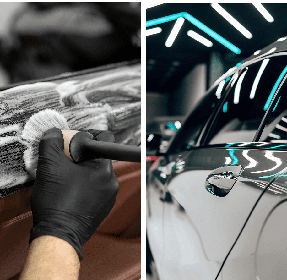 Gloved hand cleaning a car interior with a brush on the left; a polished, shiny white car exterior in a garage on the right.