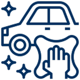 Icon of a car being cleaned, with a hand wiping it and stars indicating shine.