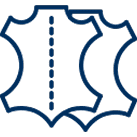 Two stylized outlines of leather hides with one featuring a dashed line down the center.