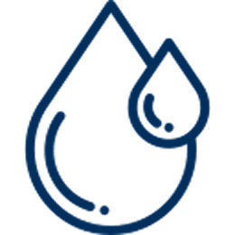 Line art of two overlapping water droplets, one large and one small, outlined in dark blue.